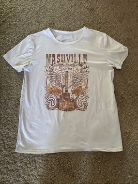 SHEIN White Short Sleeve Nashville Graphic Tee with Brown Print